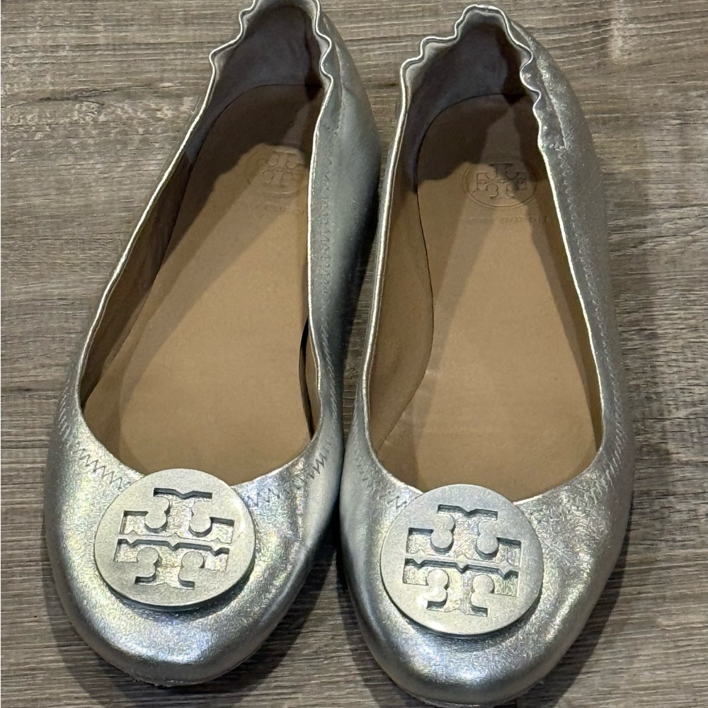 Tory Burch Metallic Silver Reva Logo Ballet Flats